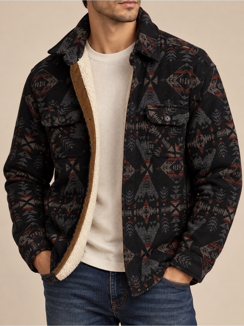 JACHS New York Men’s Aztec Sherpa-Lined Jacket, Size L - Picture 5 of 7